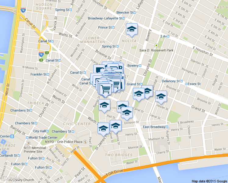map of restaurants, bars, coffee shops, grocery stores, and more near in New York