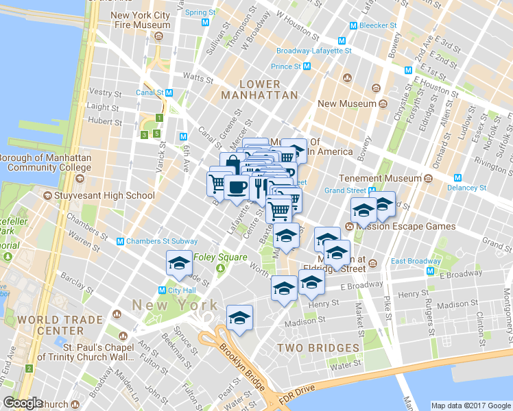 map of restaurants, bars, coffee shops, grocery stores, and more near 153d Centre Street in New York