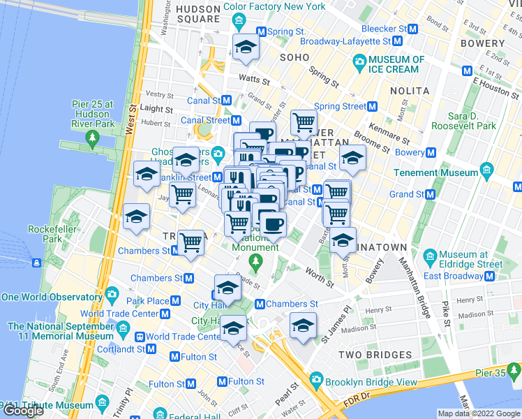 map of restaurants, bars, coffee shops, grocery stores, and more near 51-53 White Street in New York