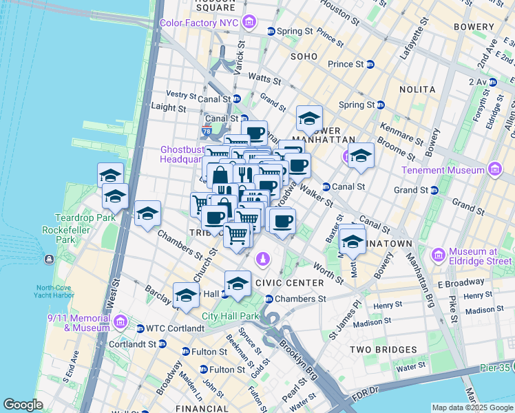 map of restaurants, bars, coffee shops, grocery stores, and more near 66 Leonard Street in New York