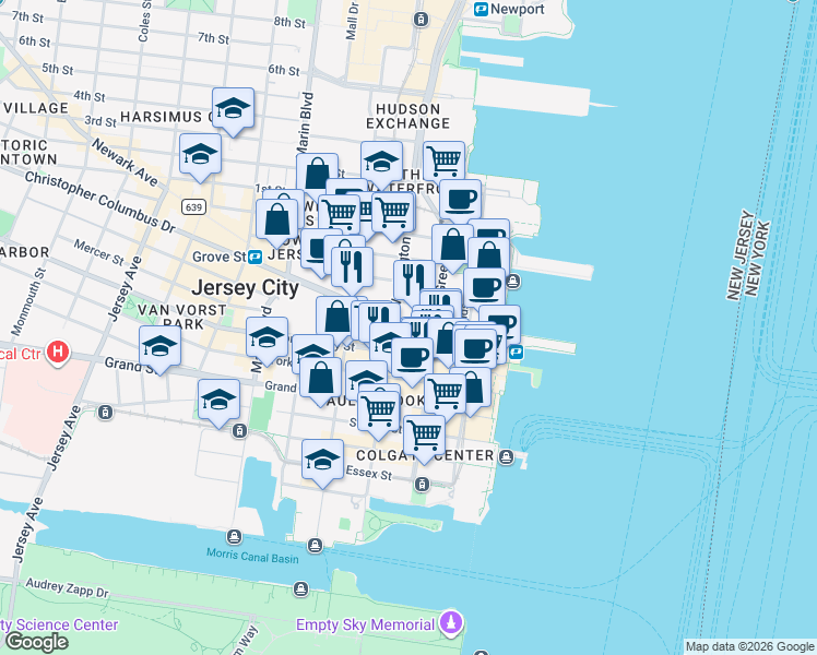 map of restaurants, bars, coffee shops, grocery stores, and more near in Jersey City