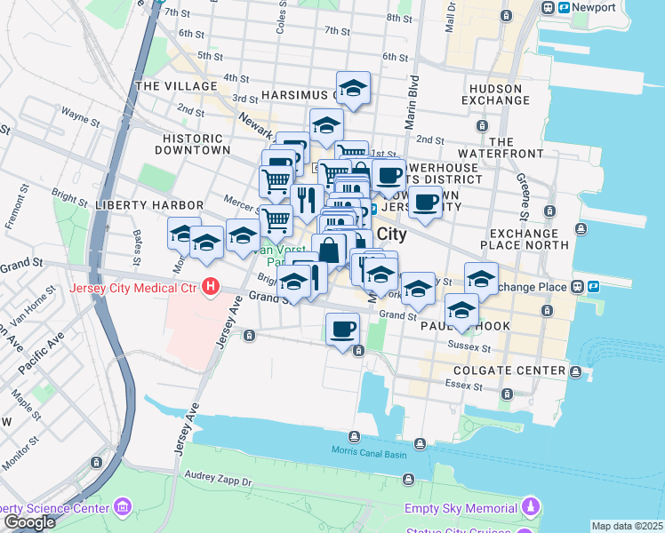 map of restaurants, bars, coffee shops, grocery stores, and more near 215 Montgomery Street in Jersey City