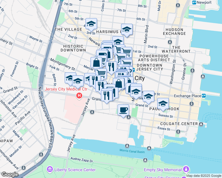 map of restaurants, bars, coffee shops, grocery stores, and more near 258 Barrow Street in Jersey City