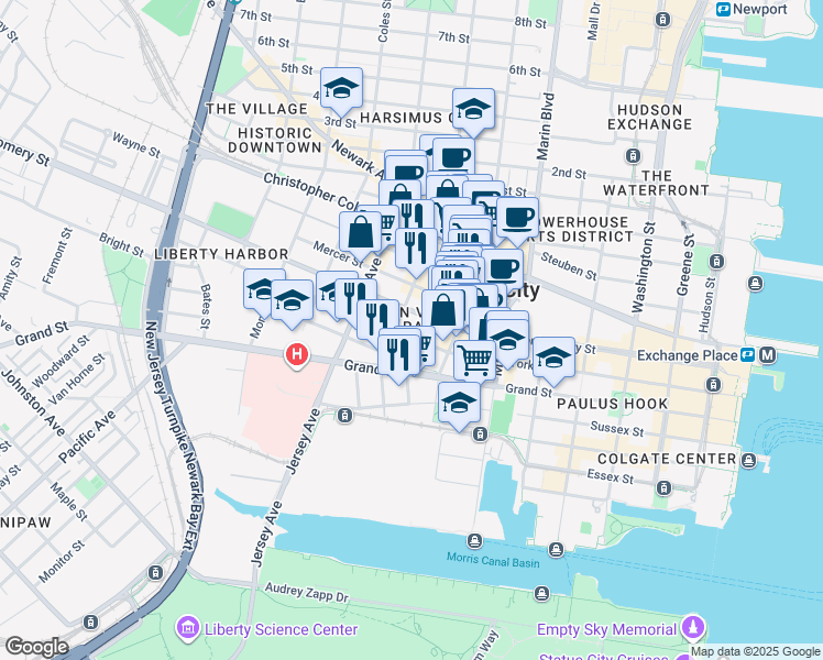 map of restaurants, bars, coffee shops, grocery stores, and more near 258 Barrow Street in Jersey City