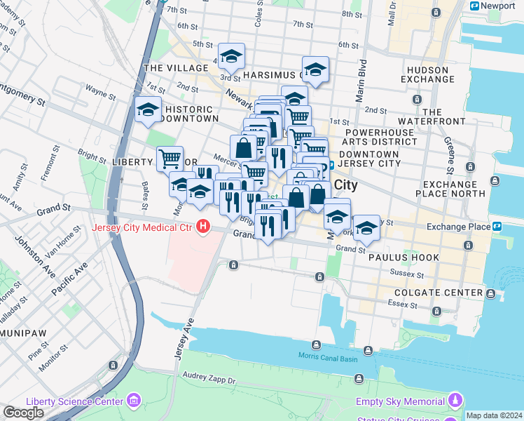 map of restaurants, bars, coffee shops, grocery stores, and more near 293 York Street in Jersey City
