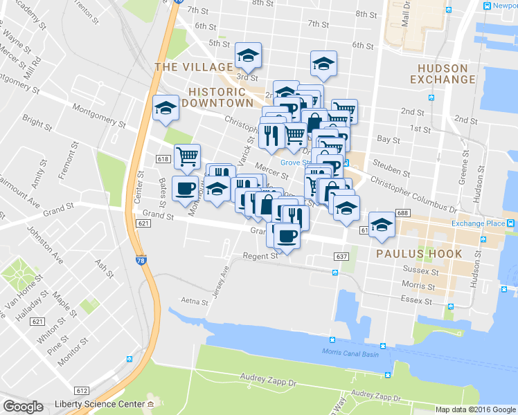 map of restaurants, bars, coffee shops, grocery stores, and more near 293 York Street in Jersey City