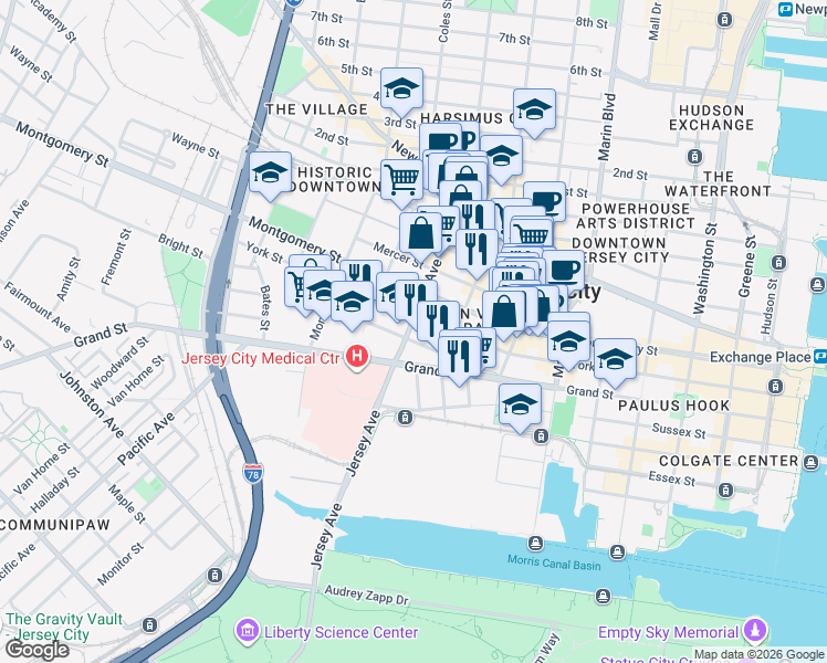 map of restaurants, bars, coffee shops, grocery stores, and more near 293 York Street in Jersey City