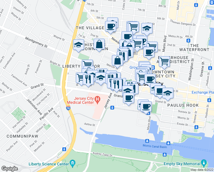 map of restaurants, bars, coffee shops, grocery stores, and more near 441 Jersey Avenue in Jersey City