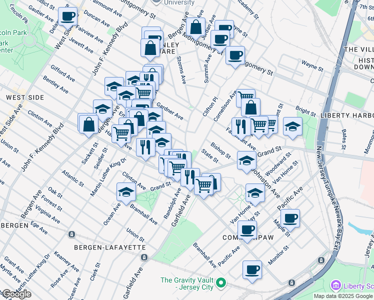 map of restaurants, bars, coffee shops, grocery stores, and more near in Jersey City