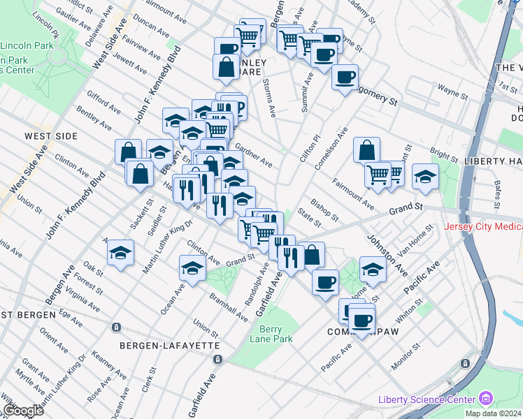map of restaurants, bars, coffee shops, grocery stores, and more near 54 County Road 715 in Jersey City