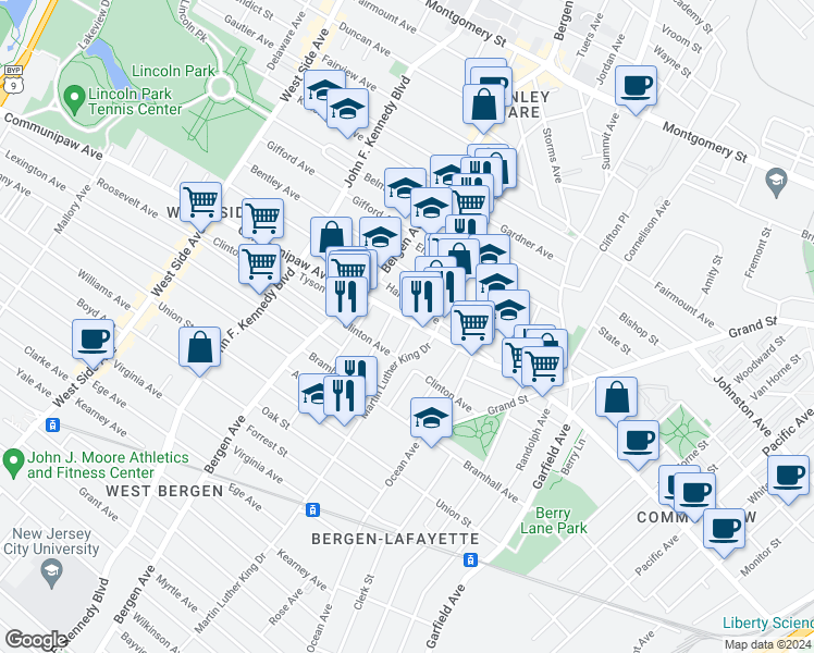 map of restaurants, bars, coffee shops, grocery stores, and more near 598 Communipaw Avenue in Jersey City
