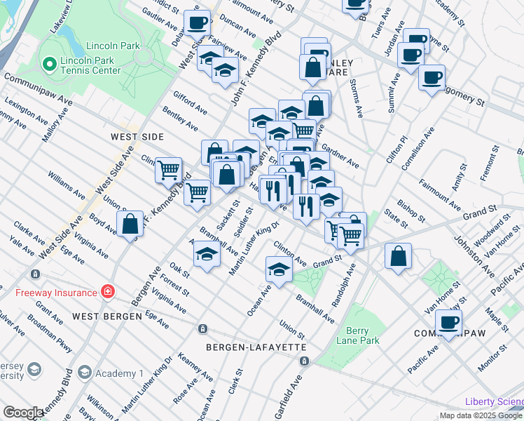 map of restaurants, bars, coffee shops, grocery stores, and more near 598 Communipaw Avenue in Jersey City