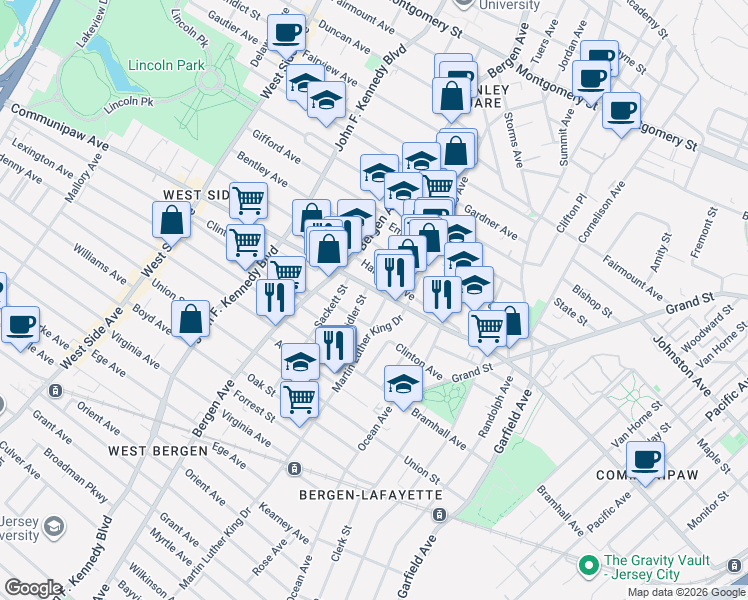 map of restaurants, bars, coffee shops, grocery stores, and more near 647 Communipaw Avenue in Jersey City