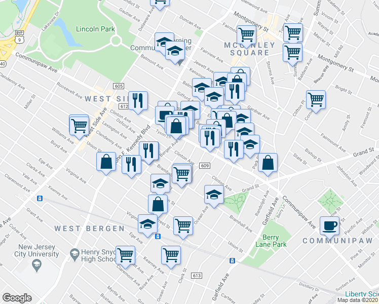 map of restaurants, bars, coffee shops, grocery stores, and more near 647 Communipaw Avenue in Jersey City