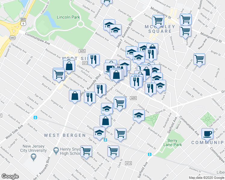 map of restaurants, bars, coffee shops, grocery stores, and more near 113 Clinton Avenue in Jersey City