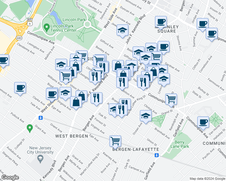map of restaurants, bars, coffee shops, grocery stores, and more near 467 Bergen Avenue in Jersey City