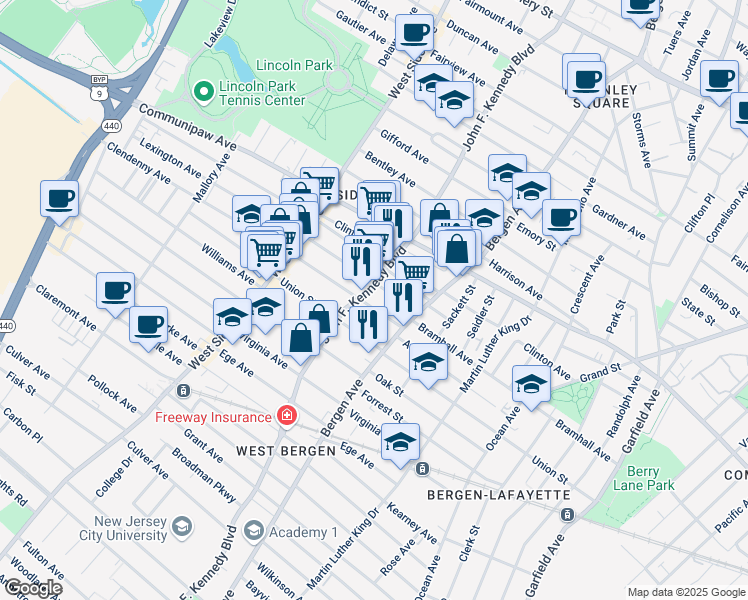 map of restaurants, bars, coffee shops, grocery stores, and more near 33 Lexington Avenue in Jersey City