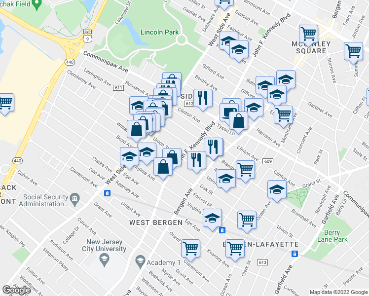 map of restaurants, bars, coffee shops, grocery stores, and more near 57 Clendenny Avenue in Jersey City