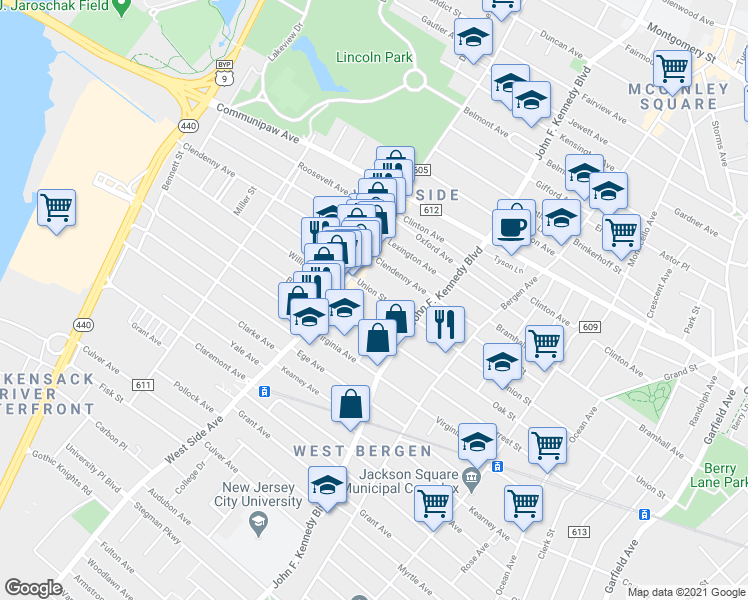 map of restaurants, bars, coffee shops, grocery stores, and more near 294 Union Street in Jersey City