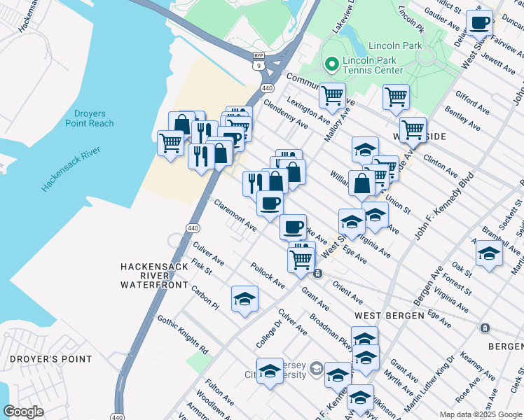 map of restaurants, bars, coffee shops, grocery stores, and more near 96 Yale Avenue in Jersey City