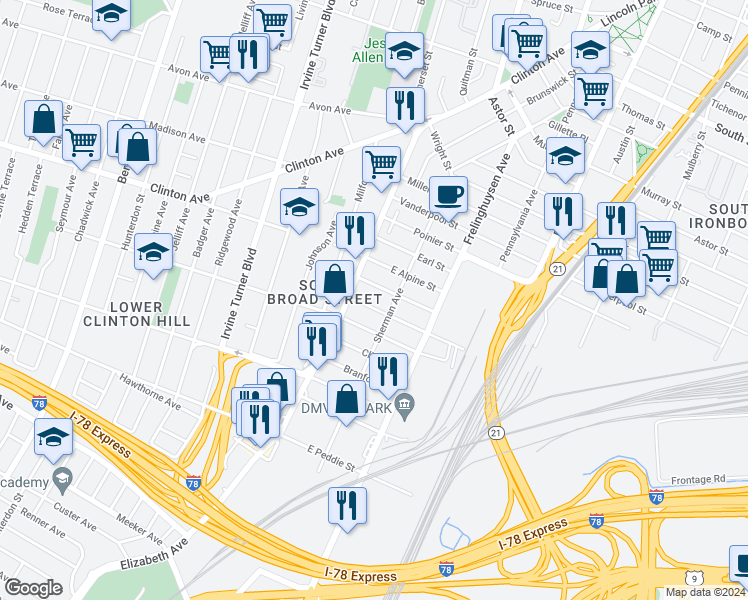 map of restaurants, bars, coffee shops, grocery stores, and more near 7 Stanton Street in Newark