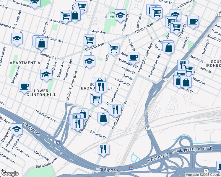 map of restaurants, bars, coffee shops, grocery stores, and more near 7 Stanton Street in Newark