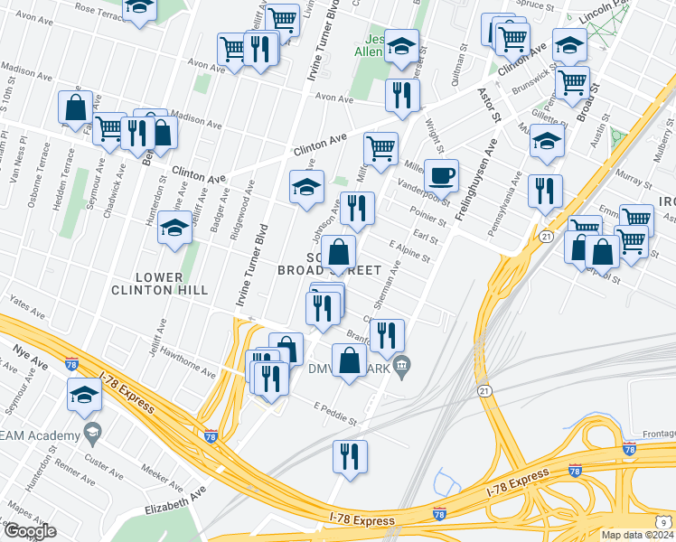map of restaurants, bars, coffee shops, grocery stores, and more near 148 Milford Avenue in Newark