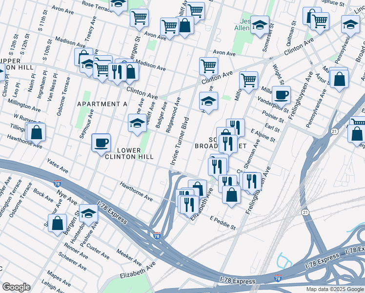 map of restaurants, bars, coffee shops, grocery stores, and more near 164 West Bigelow Street in Newark