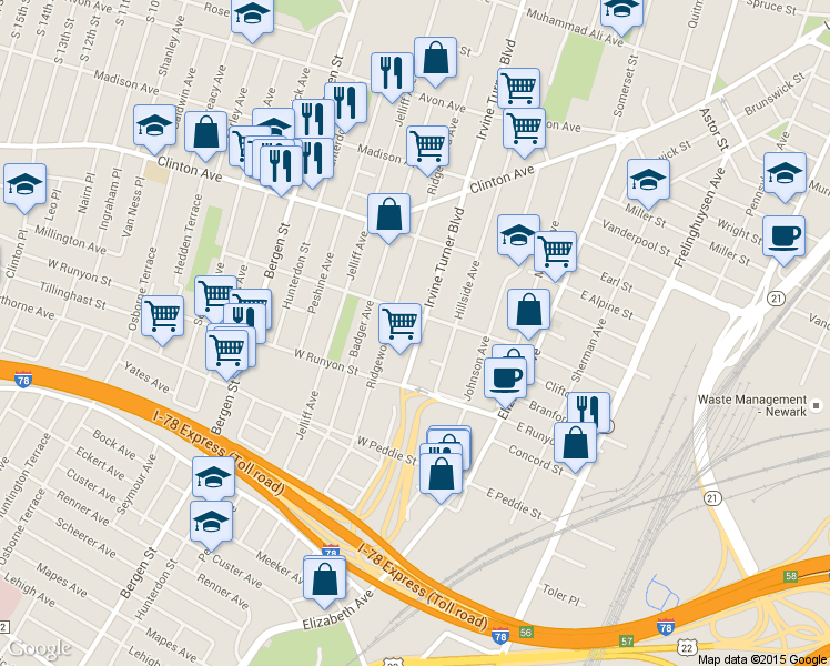 map of restaurants, bars, coffee shops, grocery stores, and more near 172 Ridgewood Avenue in Newark