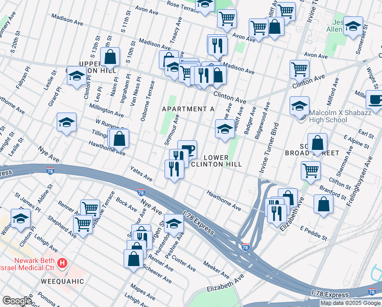 map of restaurants, bars, coffee shops, grocery stores, and more near in Newark