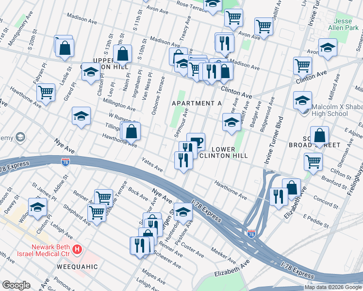 map of restaurants, bars, coffee shops, grocery stores, and more near 186 West Runyon Street in Newark