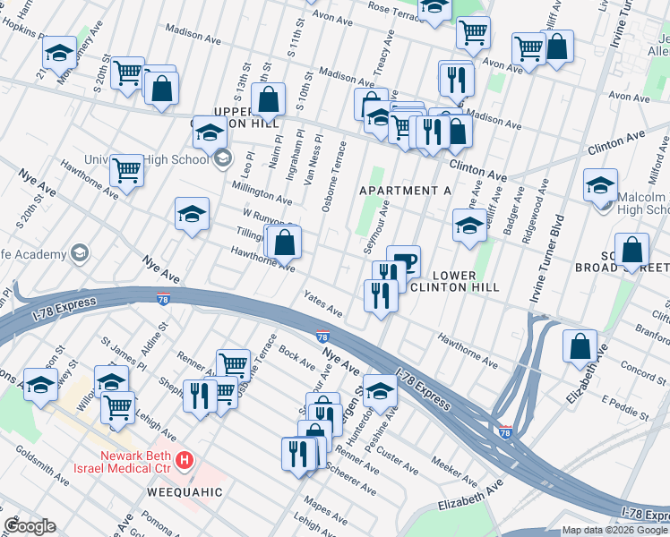 map of restaurants, bars, coffee shops, grocery stores, and more near 130 Hedden Terrace in Newark