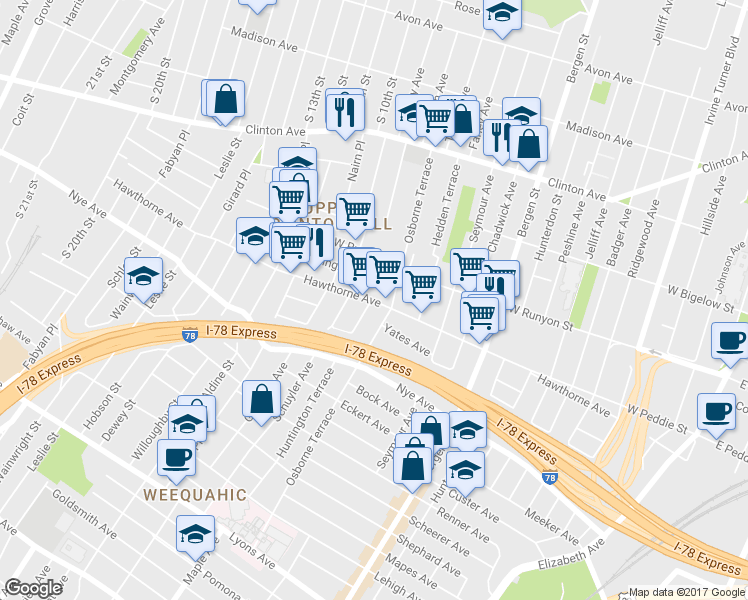 map of restaurants, bars, coffee shops, grocery stores, and more near 344 Hawthorne Avenue in Newark