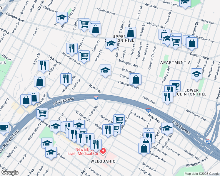 map of restaurants, bars, coffee shops, grocery stores, and more near 24 Patten Place in Newark