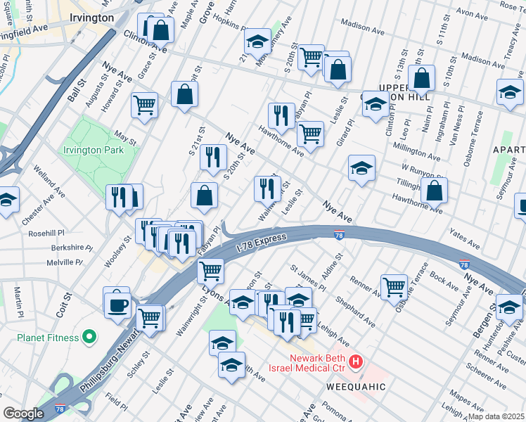 map of restaurants, bars, coffee shops, grocery stores, and more near 86 Schley Street in Newark