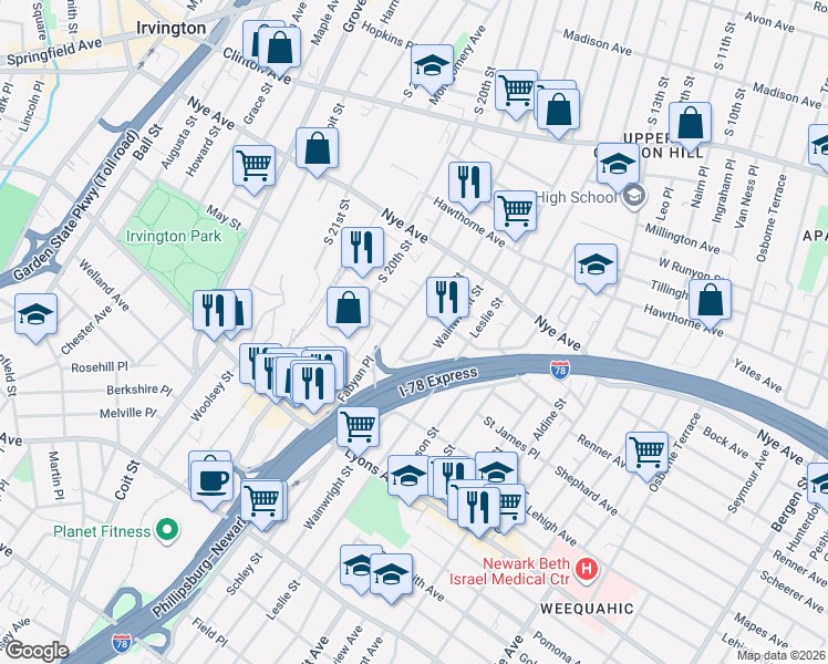 map of restaurants, bars, coffee shops, grocery stores, and more near 86 Schley Street in Newark