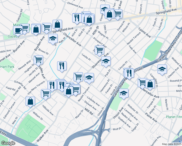 map of restaurants, bars, coffee shops, grocery stores, and more near 1 Sunset Terrace in Irvington