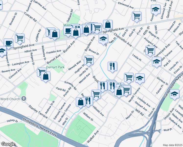 map of restaurants, bars, coffee shops, grocery stores, and more near 13 Nelson Place in Maplewood