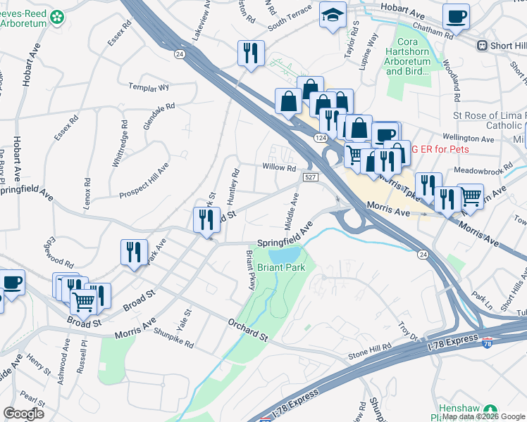 map of restaurants, bars, coffee shops, grocery stores, and more near 17 Grove Street in Summit