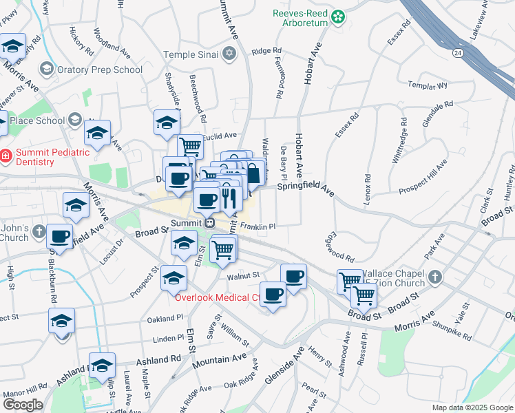 map of restaurants, bars, coffee shops, grocery stores, and more near 320 Springfield Avenue in Summit