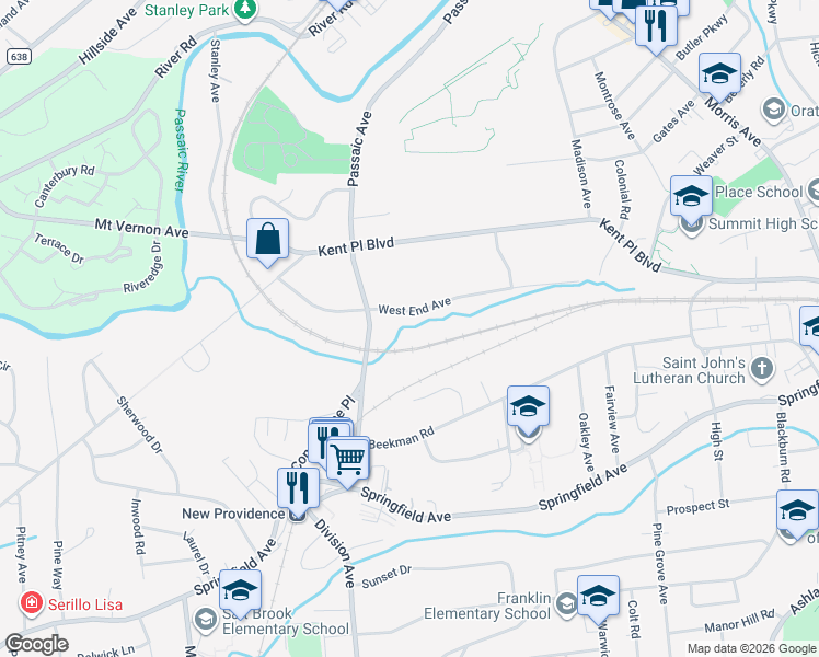 map of restaurants, bars, coffee shops, grocery stores, and more near 59 West End Avenue in Summit
