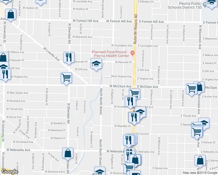 map of restaurants, bars, coffee shops, grocery stores, and more near 316 West McClure Avenue in Peoria