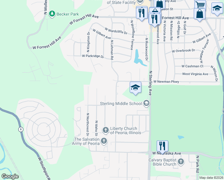 map of restaurants, bars, coffee shops, grocery stores, and more near 2412 North Lehman Road in Peoria