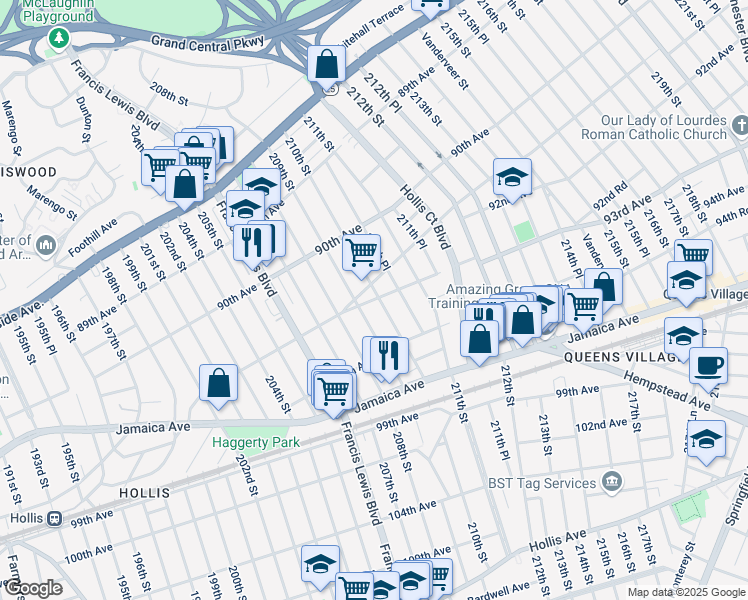 map of restaurants, bars, coffee shops, grocery stores, and more near 209-36 93rd Avenue in Queens