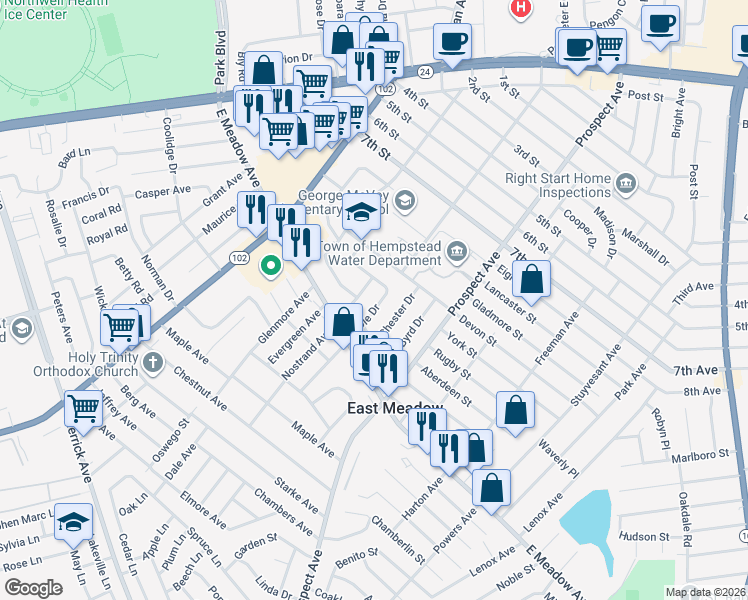 map of restaurants, bars, coffee shops, grocery stores, and more near 1875 Cole Dr in East Meadow