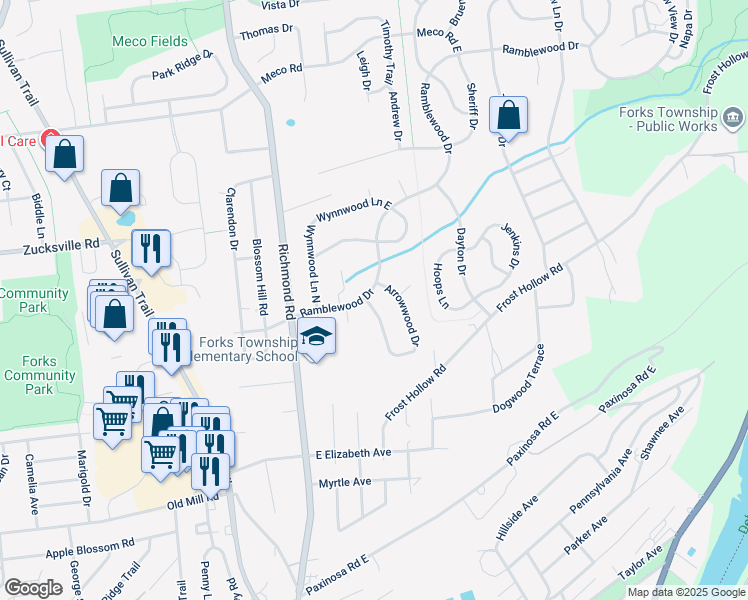 map of restaurants, bars, coffee shops, grocery stores, and more near 1615 Arrowwood Drive in Easton