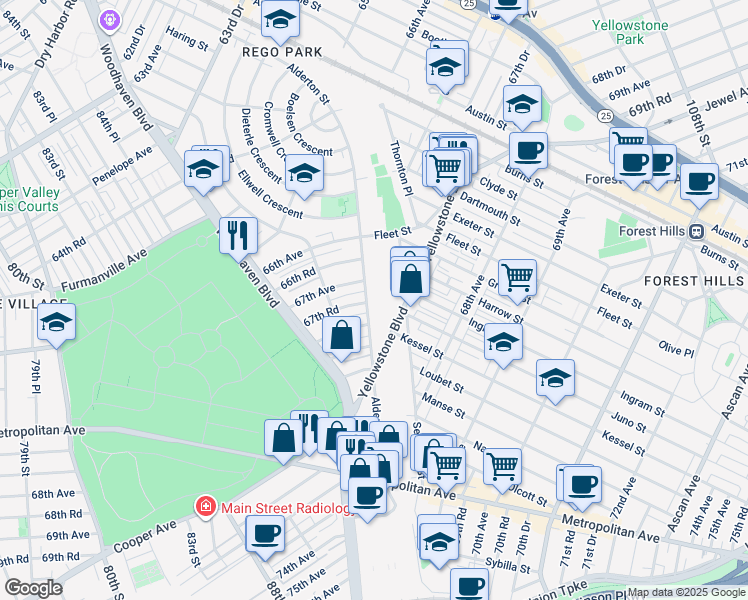 map of restaurants, bars, coffee shops, grocery stores, and more near 67-17 Alderton Street in Queens