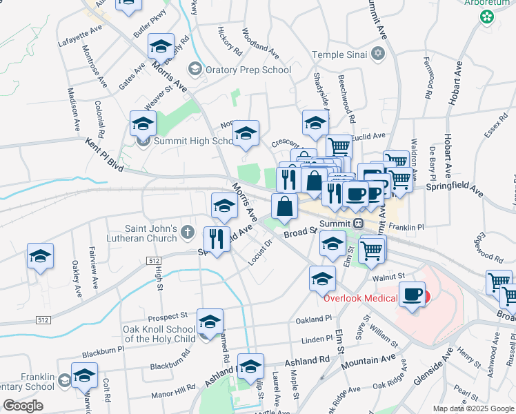map of restaurants, bars, coffee shops, grocery stores, and more near 535 Springfield Avenue in Summit