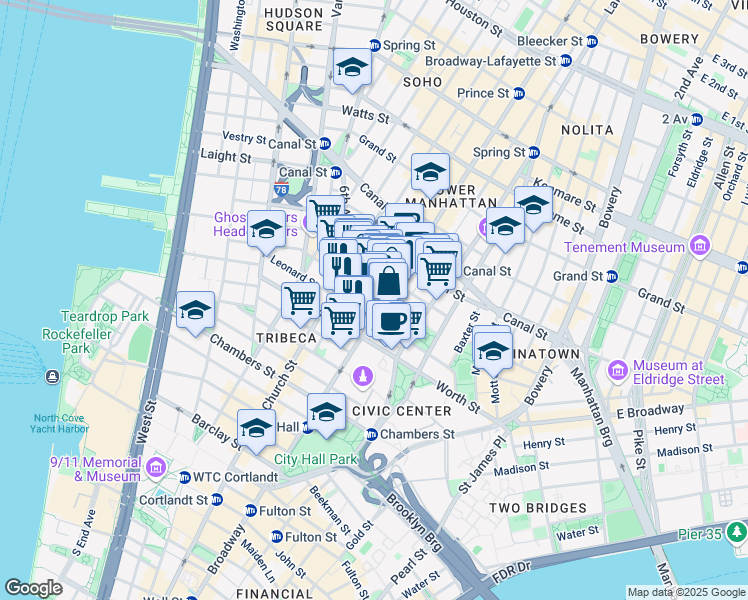 map of restaurants, bars, coffee shops, grocery stores, and more near 361 Broadway in New York