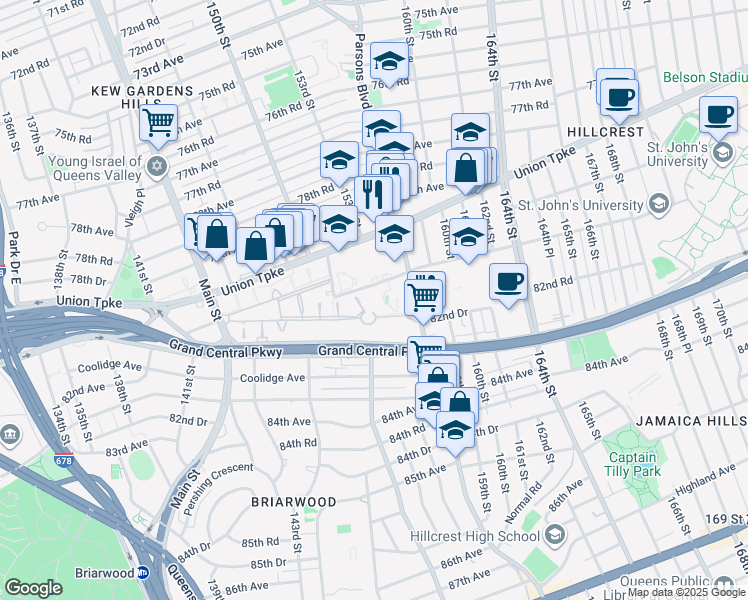 map of restaurants, bars, coffee shops, grocery stores, and more near 150-37 Village Road in Queens